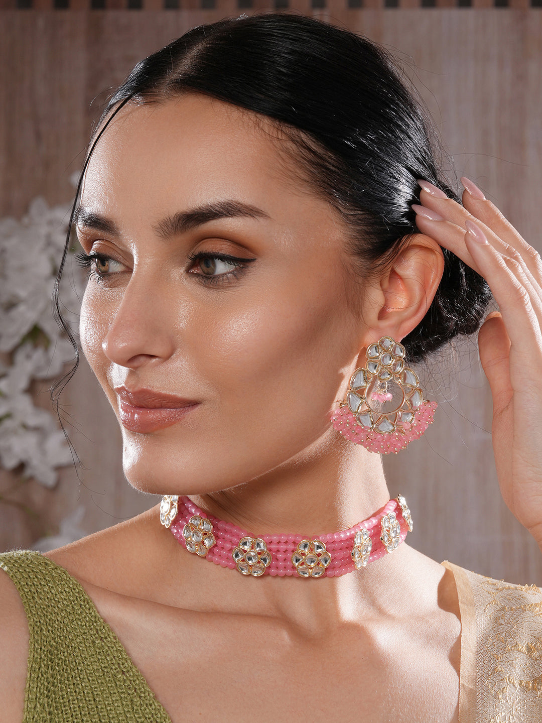 Jazz And Sizzle Gold-Plated Baby Pink Kundan-Studded & Beaded Necklace & Earrings Set