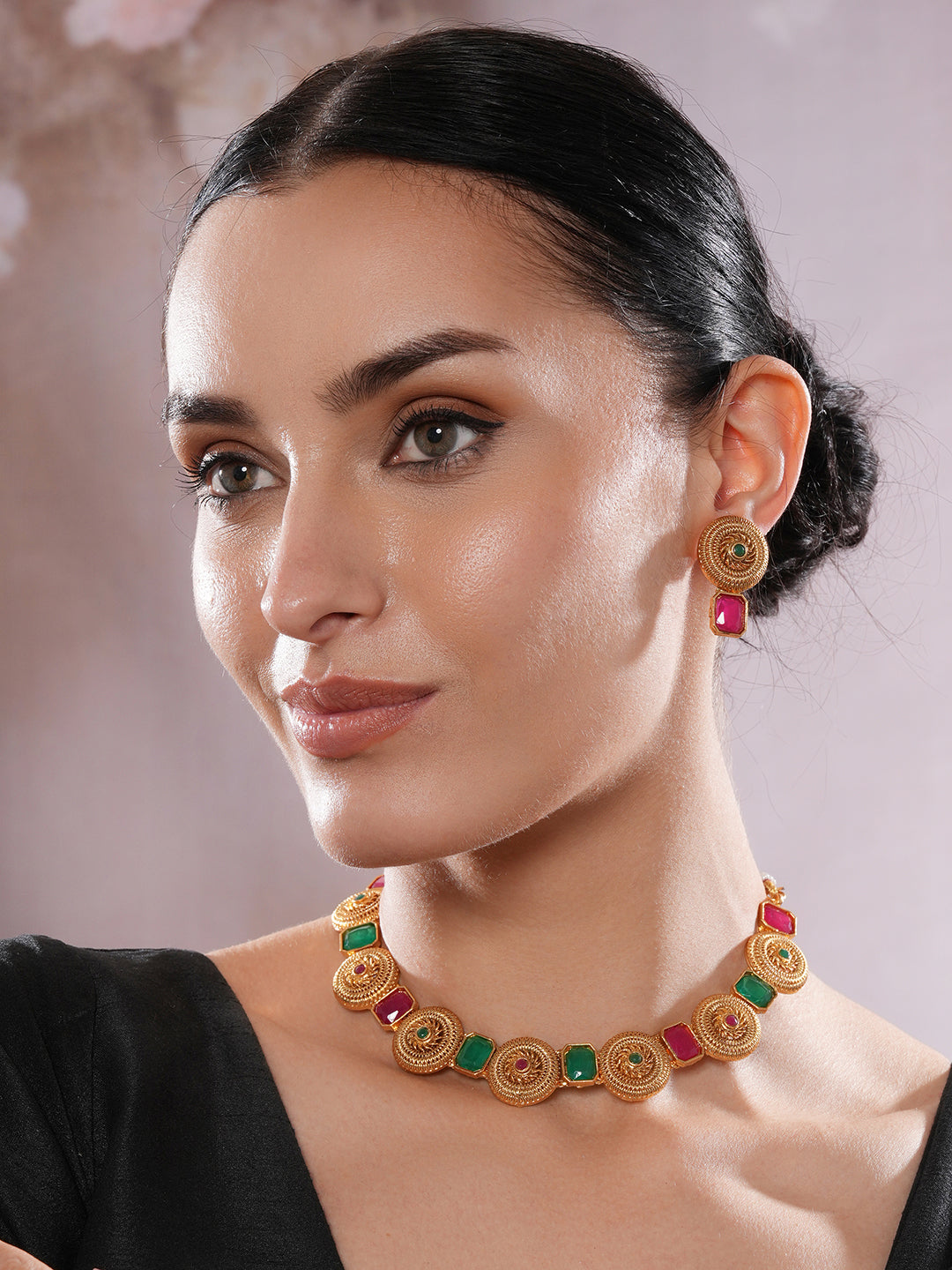 Jazz And Sizzle Gold-Plated Kundan-Studded Ruby & Green Stone Studded Necklace & Earrings Set (Copy)
