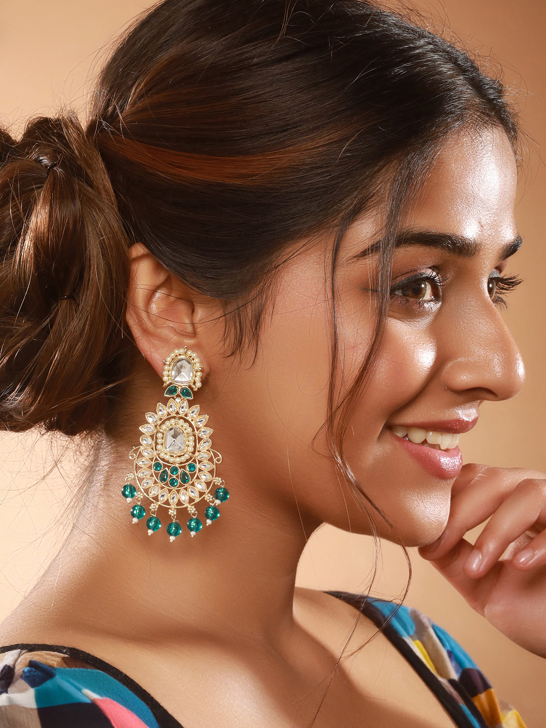 Gold Plated Green &White Kundan Studded & Beaded Drop Earrings