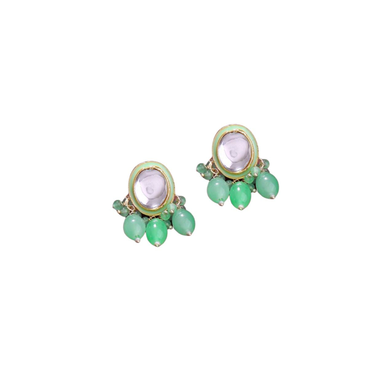 Gold Plated Kundan Studded & Mint Green Beads Drop Earrings