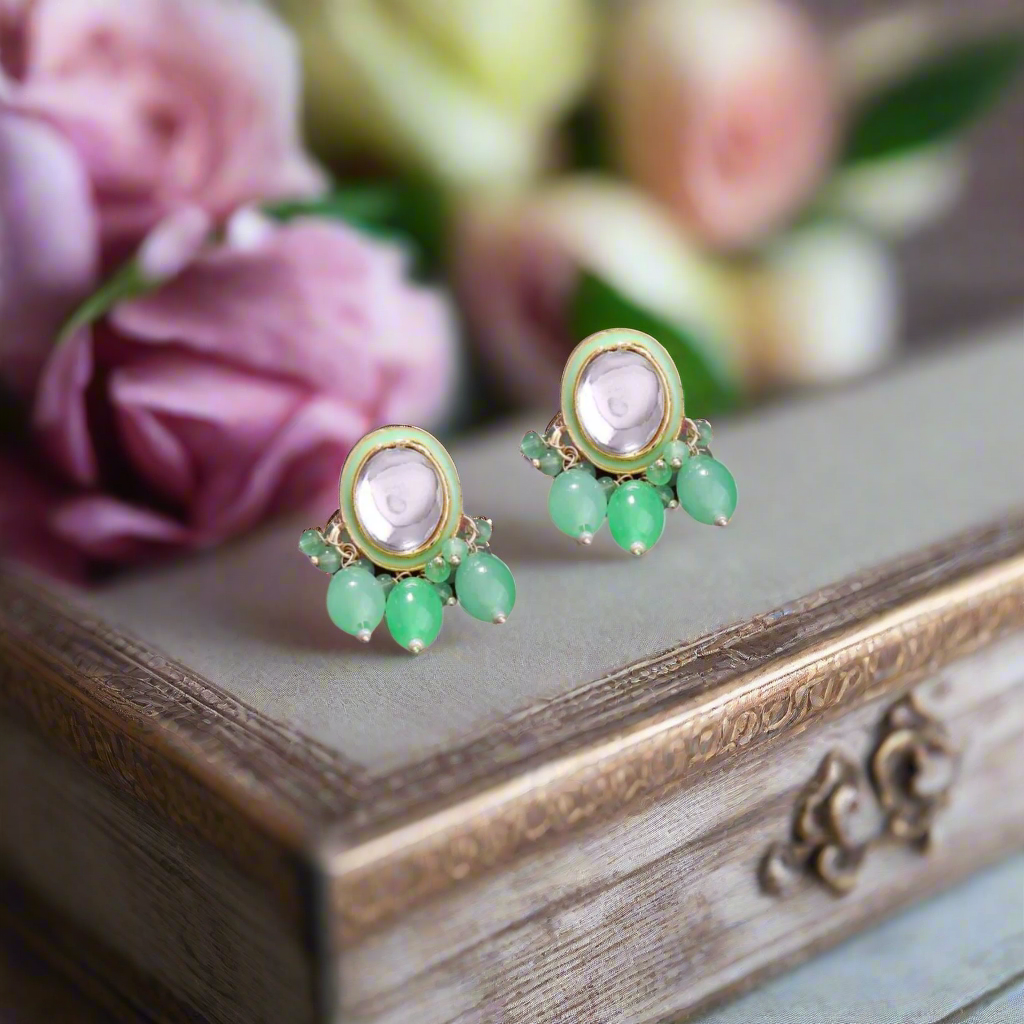 Gold Plated Kundan Studded & Mint Green Beads Drop Earrings