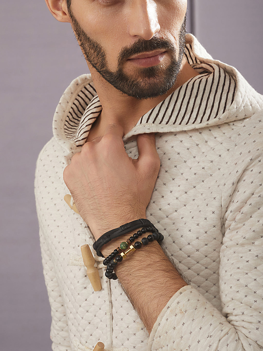 Jazz And Sizzle Men Set of 3 Black Beaded Elasticated & Leather Wraparound Bracelet