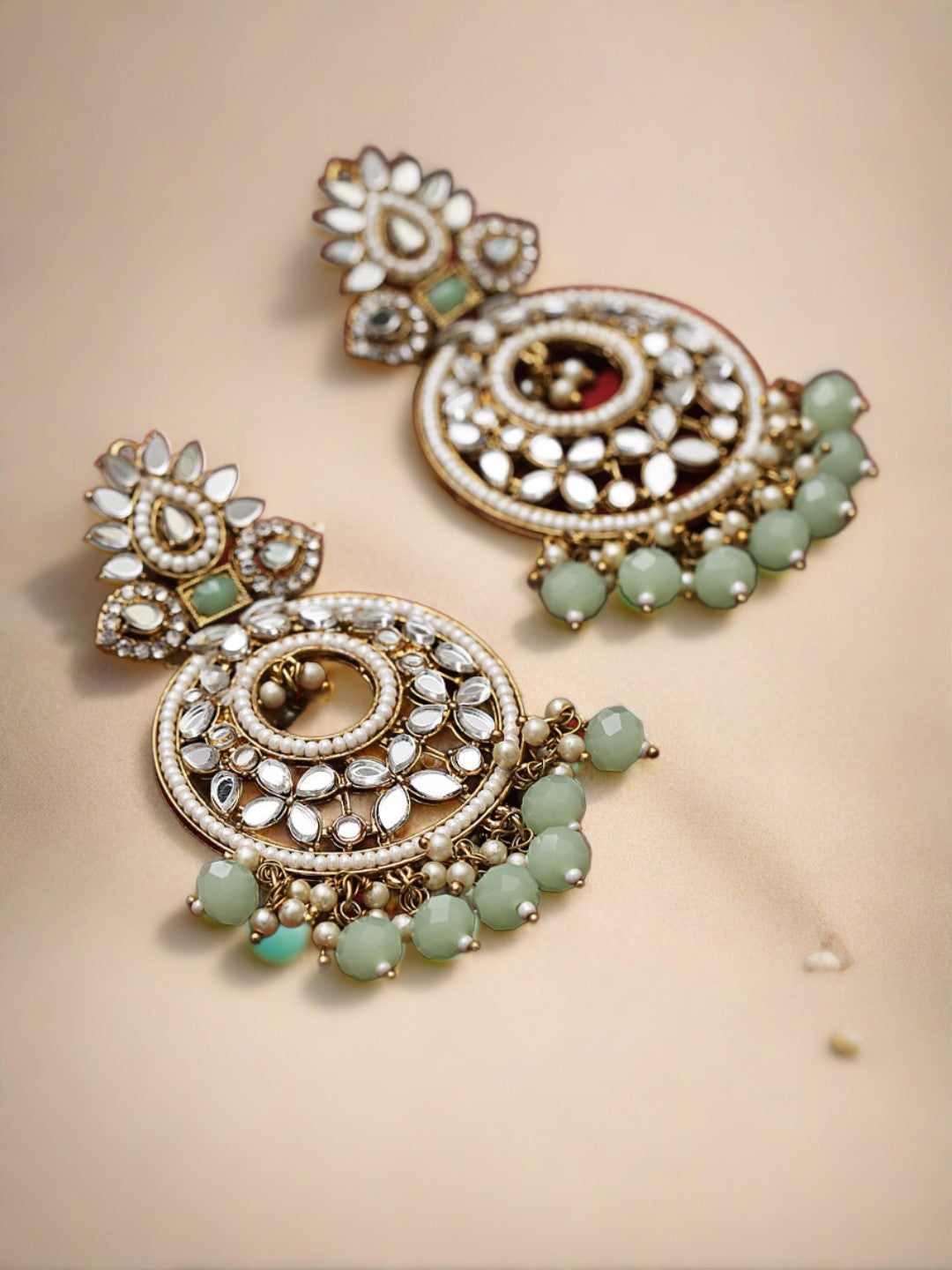 Mint Green Gold-Plated Stone Studded & Beaded Crescent Shaped Chandbalis Earrings