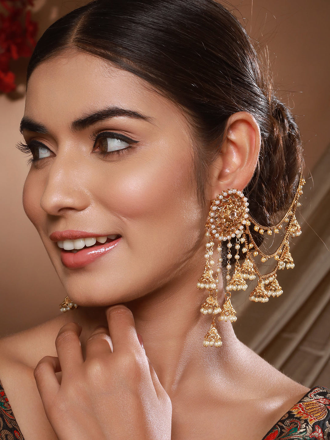 Jazz And Sizzle Gold-Plated Kundan Studded & Beaded Women Classic Jhumka Earrings with Kanchain