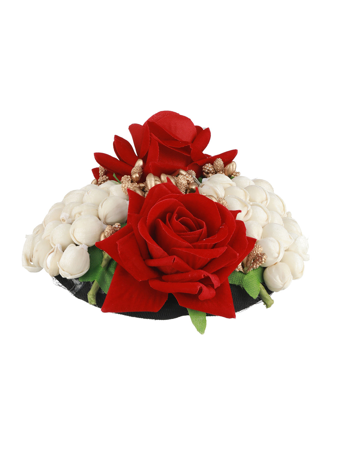 Women Red Rose & White Mogra Embellished Artificial Flower Gajra Designed Hair Bun Cover - Jazzandsizzle