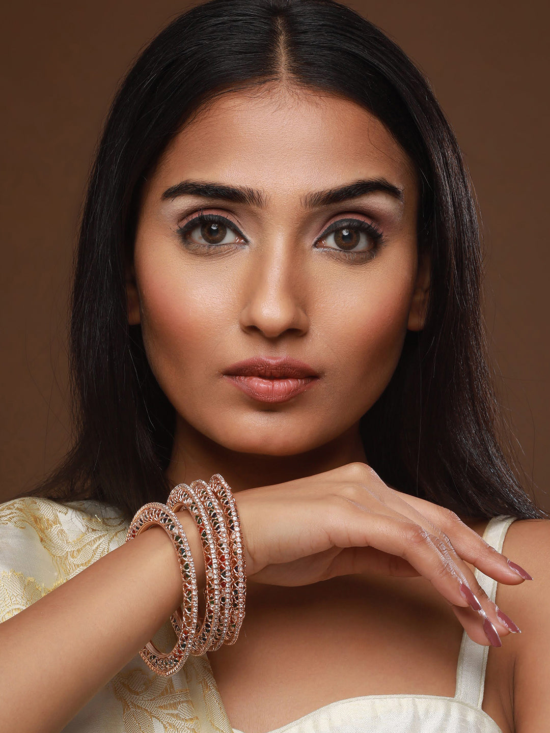 Set Of 4 Rose Gold Plated Stone-Studded Crystal-Beaded Bangles - Jazzandsizzle