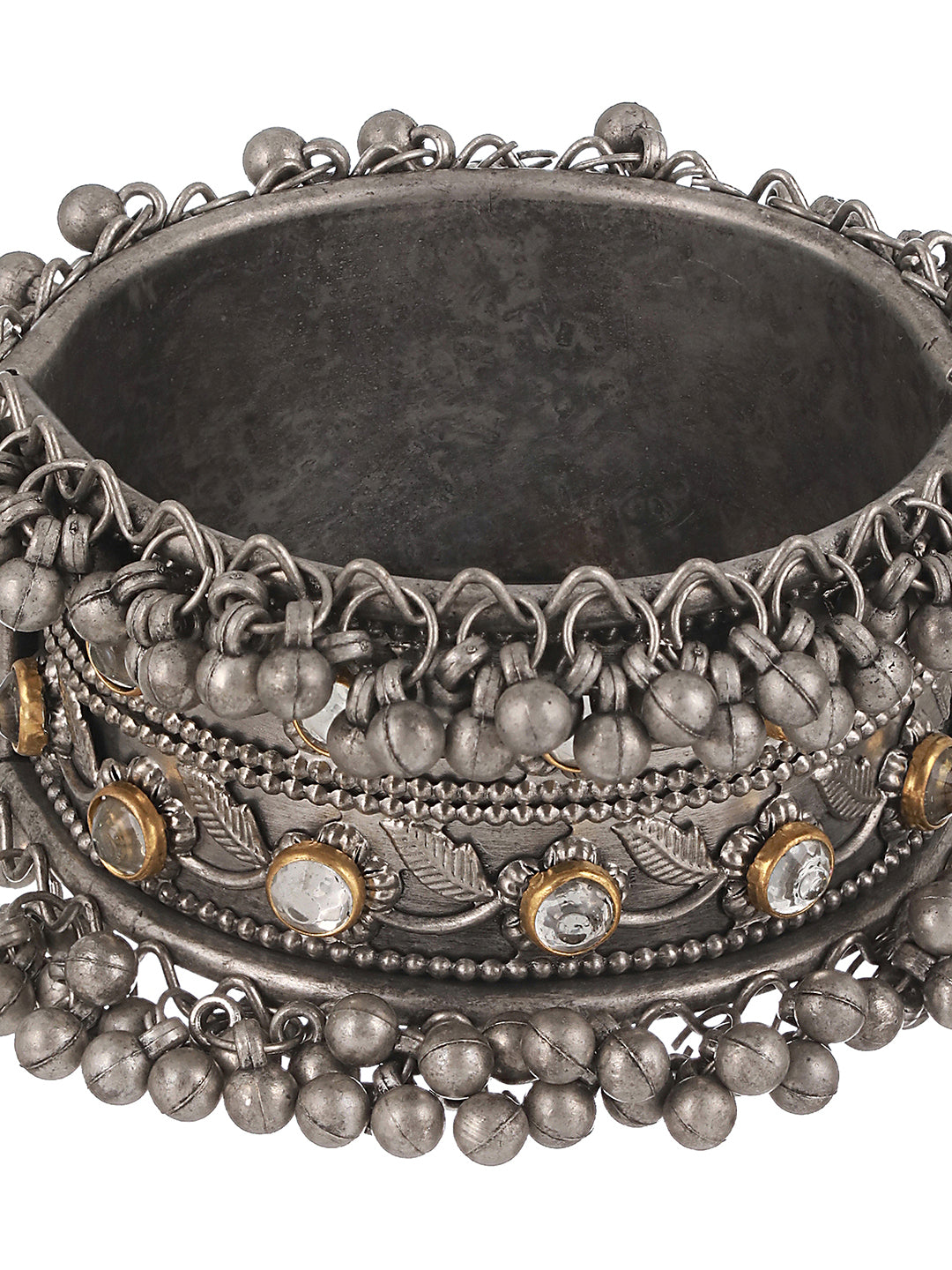 Silver-Plated Oxidised Leaf Pattern Kundan Studded Kada Bracelet - Jazzandsizzle