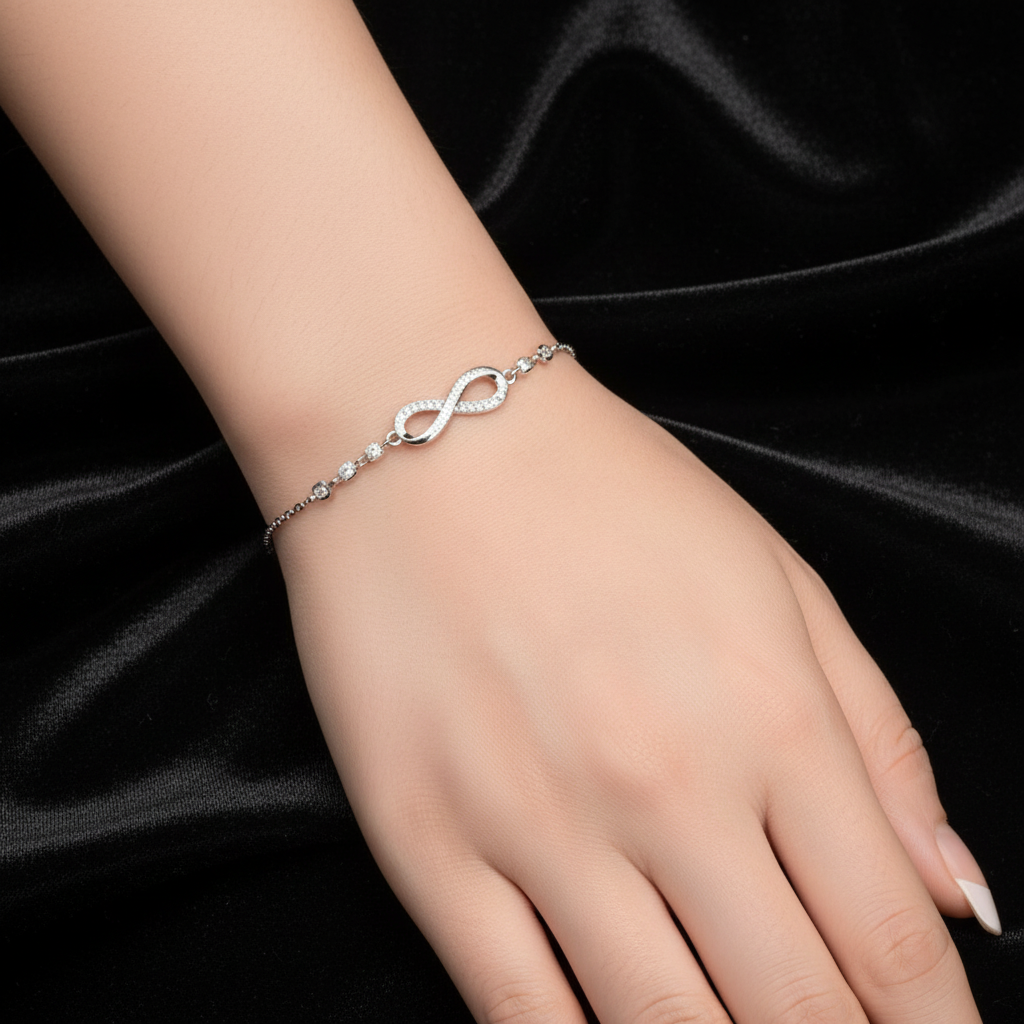 Jazz And Sizzle Silver Plated CZ Studded Infinity Adjustable Bracelet For Valentines Gift