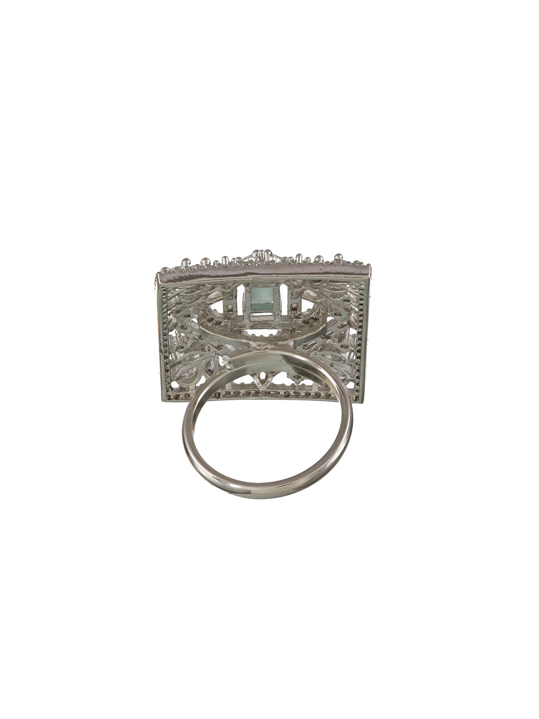 Silver-Plated Mint Green AD-Studded Handcrafted Adjustable Finger Ring - Jazzandsizzle