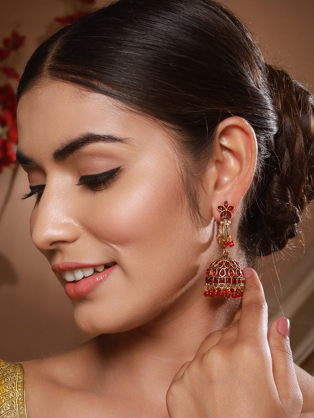 Jazz and Sizzle Gold-Plated Faux Ruby Studded Beads Beaded Dome Shaped Jhumka Earrings