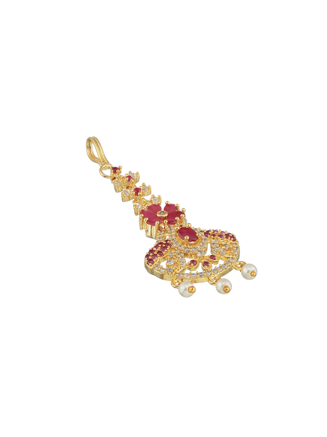 Gold-Plated Maroon & White AD-Studded & Beaded Handcrafted Maangtikka - Jazzandsizzle