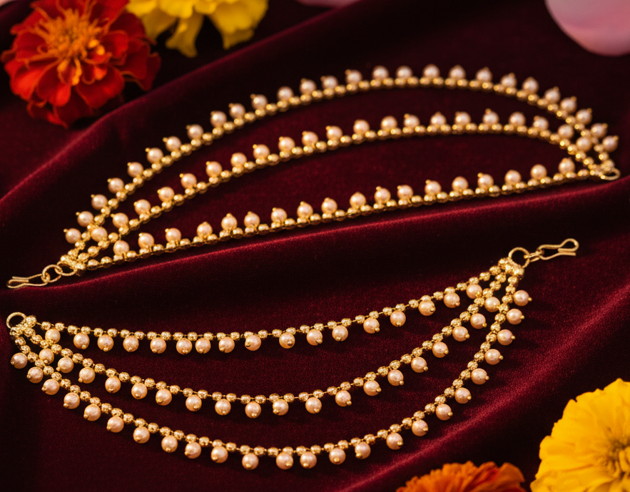 Jazz And Sizzle Gold-Plated Pearls Beaded Textured Layered Ear Chain/kaanchain