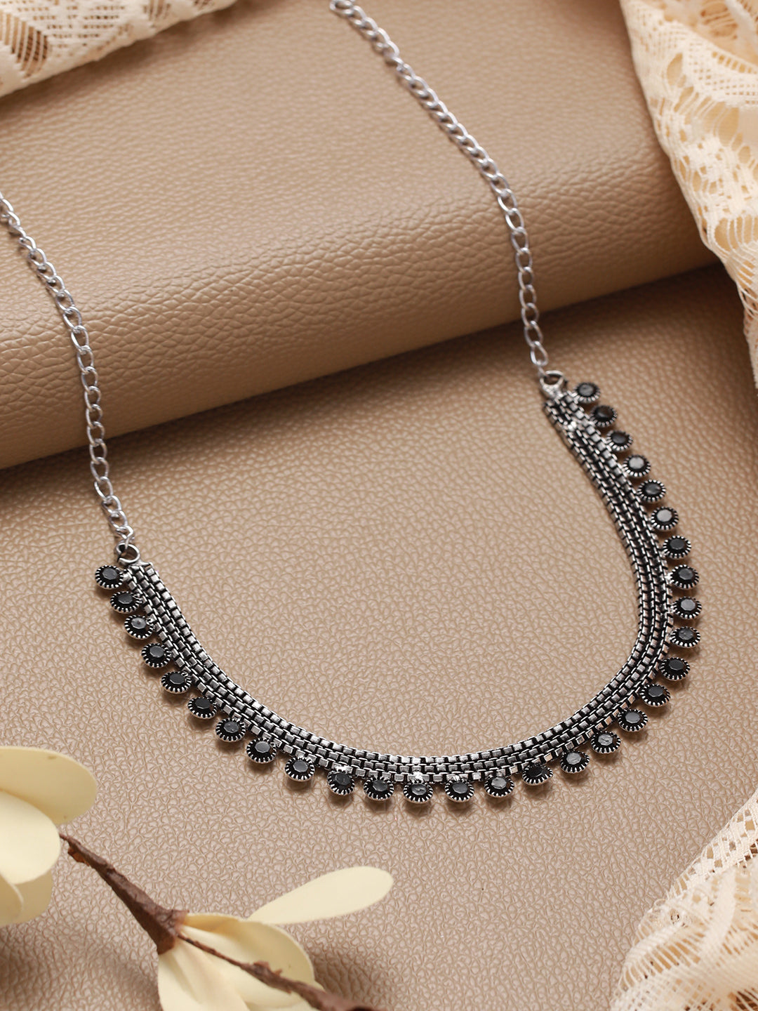 Jazz And Sizzle Set Of 2 Silver-Plated Black Artificial Stone Studded Necklace - Jazzandsizzle