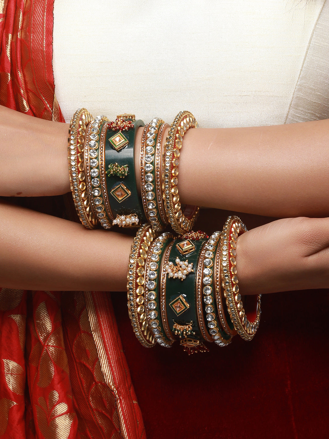 Set of 18 Gold-Plated Stone-Studded & Beaded Green Chuda Bangles - Jazzandsizzle