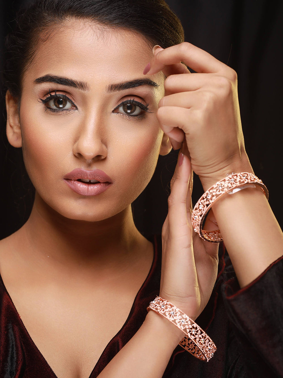 Jazz And Sizzle Set of 2 Rose Gold-Plated Cubic Zirconia Studded Bangles - Jazzandsizzle