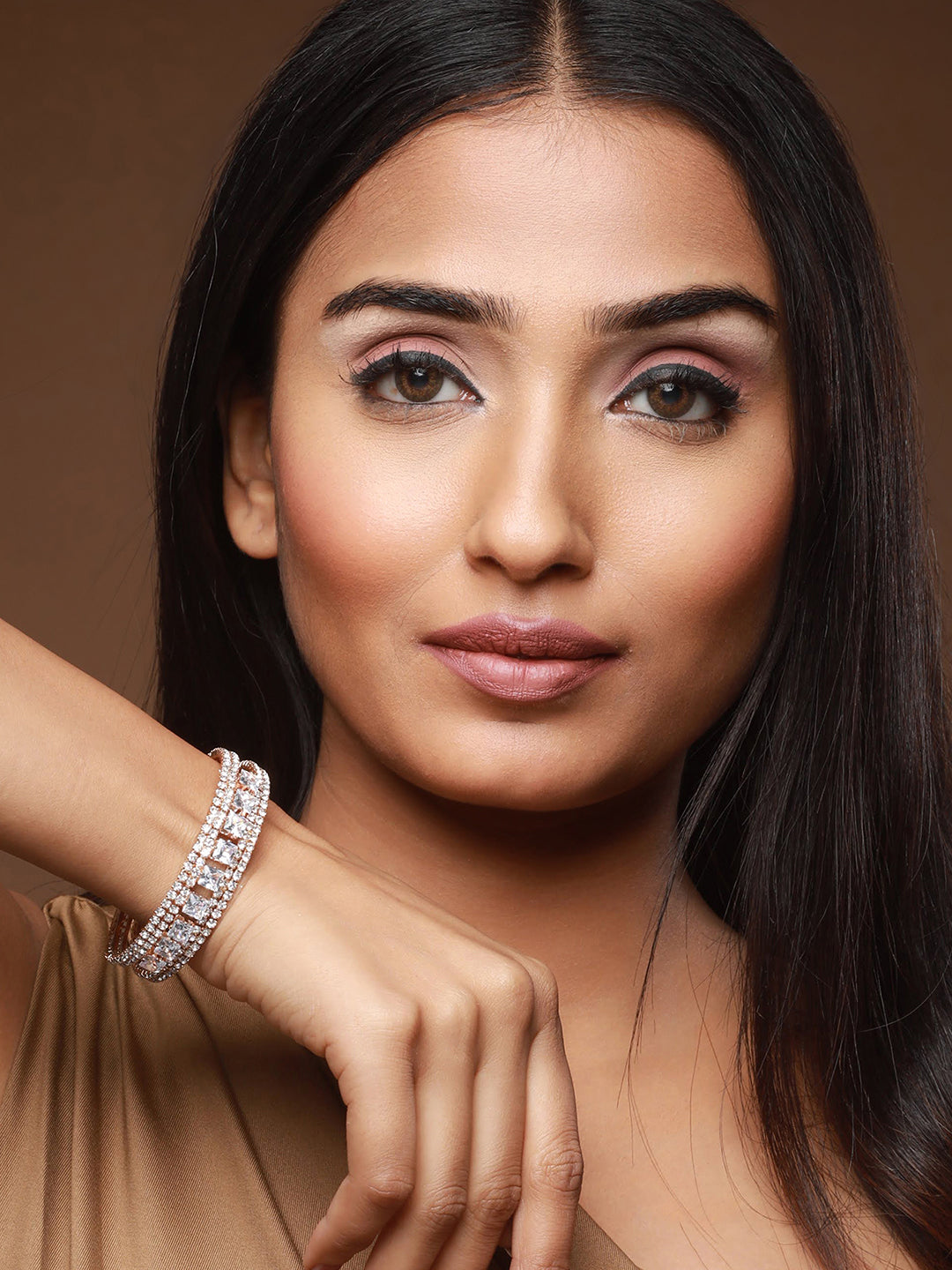 Rose Gold-Plated White Crystal Studded Cuff Bracelet - Jazzandsizzle