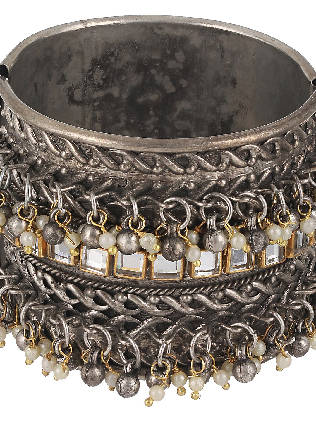 Silver-Plated Oxidised Kundan Studded & Pearl Beaded Bangle-Style Bracelet - Jazzandsizzle