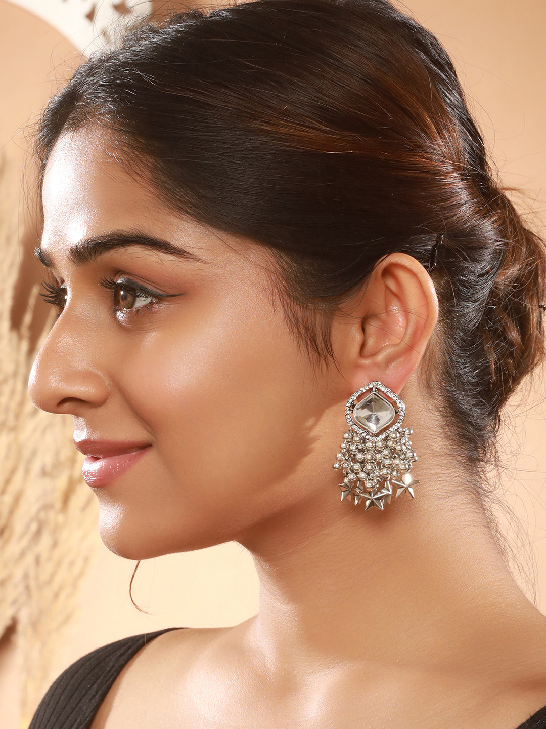 Silver Plated Austrian Diamond Studded &Beaded Drop Eaarings