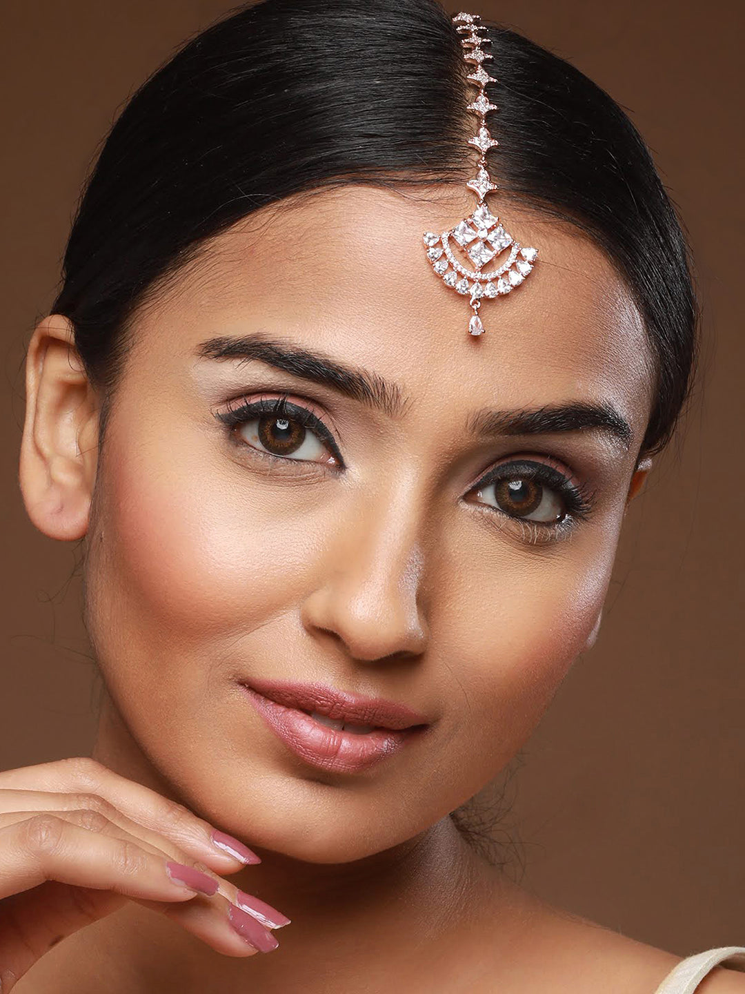 Rose Gold-Plated White D-Studded Handcrafted Maang Tikka - Jazzandsizzle