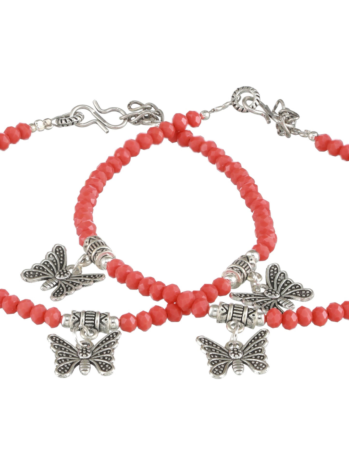 Set of 2 Silver-Plated Beaded Butterfly Charm Anklets - Jazzandsizzle