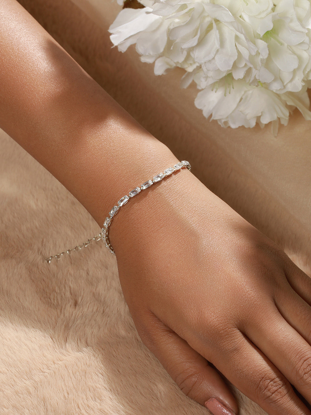 Set of 2 Silver-Toned & White Cubic Zirconia Rhodium-Plated Link Bracelet - Jazzandsizzle