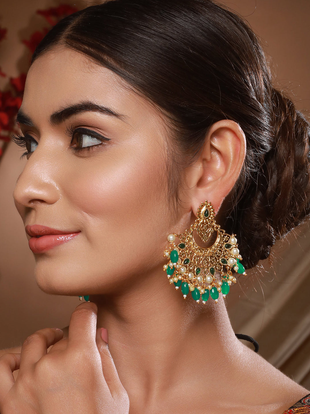 Jazz and Sizzle Gold-Plated Kundan Studded & Beaded Contemporary Chandballi Earrings