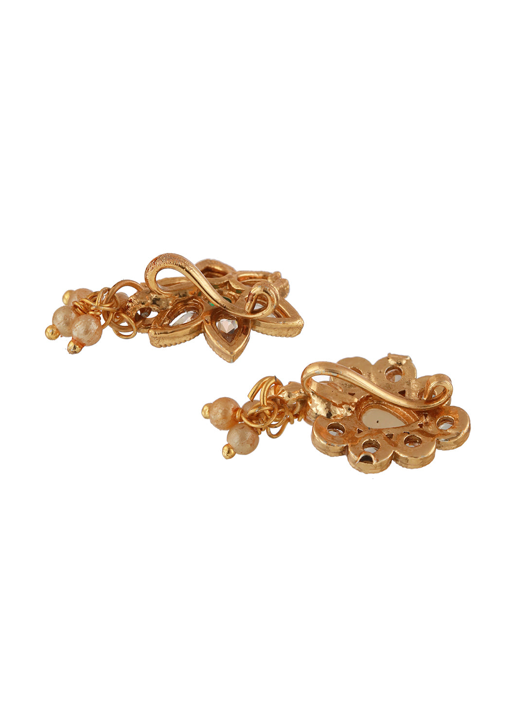Set Of 2 Gold-Plated Green & White Kundan Studded Flower Clip-On Nosepin Nose Pin - Jazzandsizzle