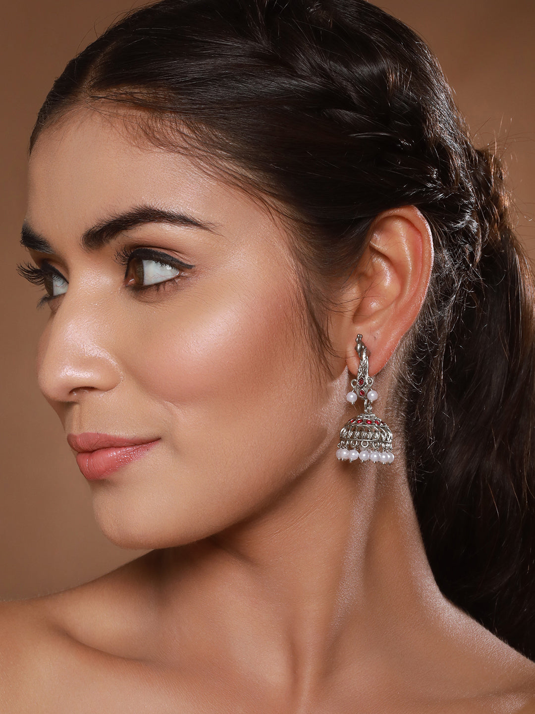 Jazz And Sizzle Silver-Plated Peacock Shaped Jhumka Earrings