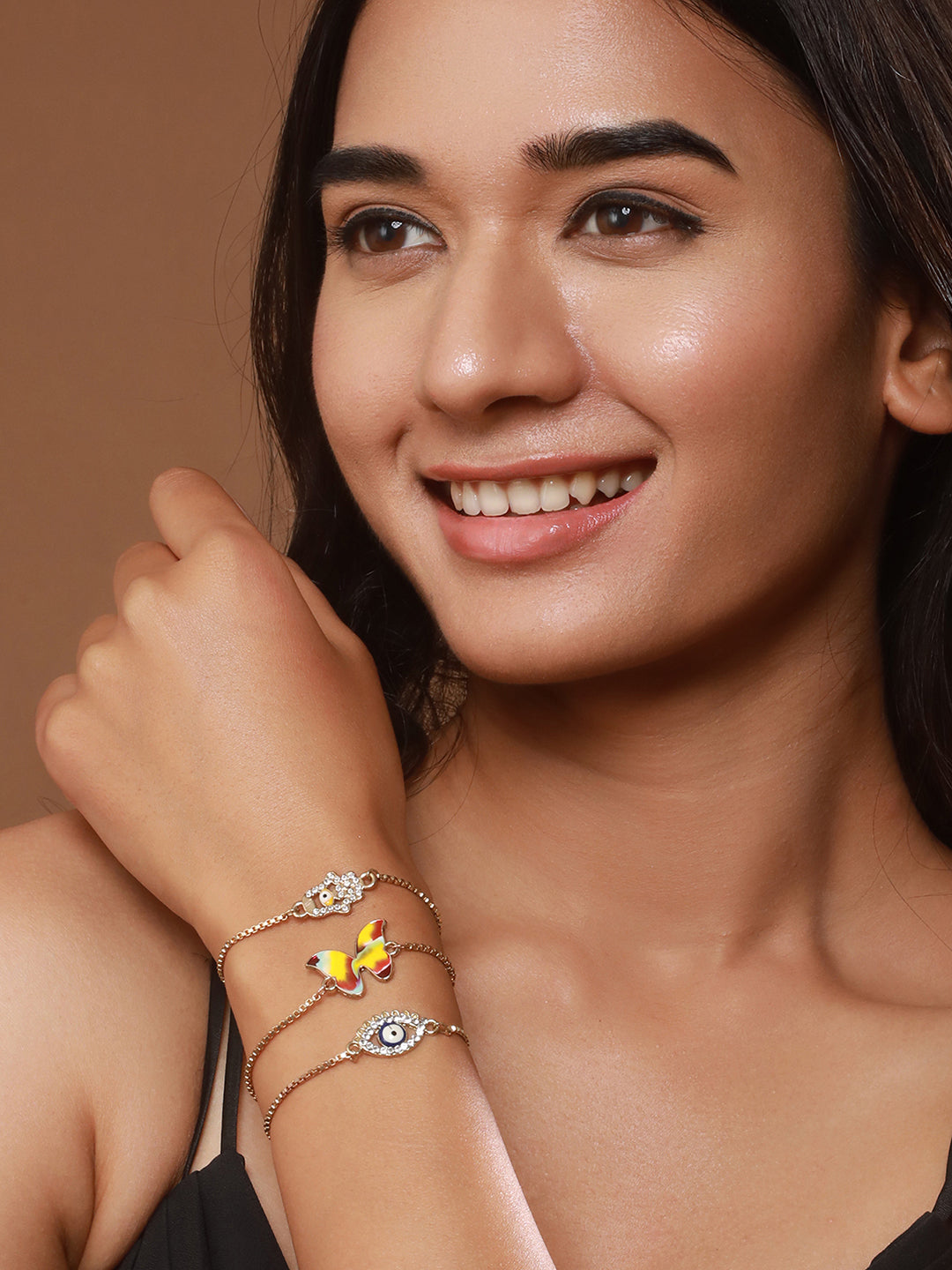 Jazz And Sizzle Set Of 3 Butterfly, Hamza & Evil Eye Bracelet