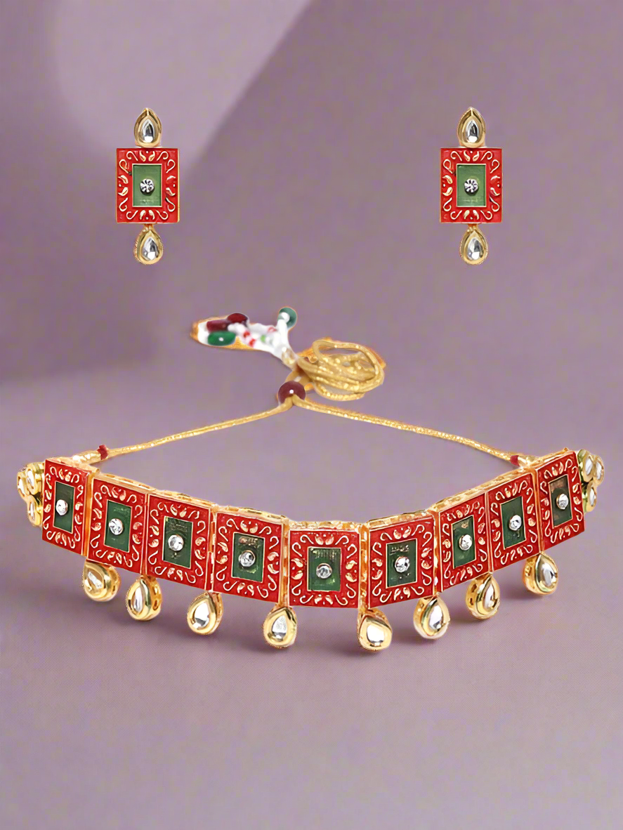 Gold-Plated Kundan-Studded & Beaded Meenakari Jewellery Set