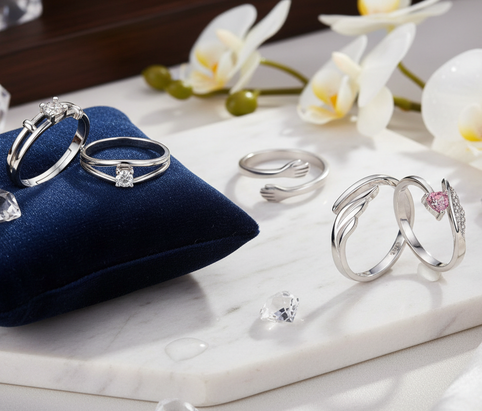 Jazz And Sizzle Silver Plated AD Studded Adjustable Couple Ring COMBO