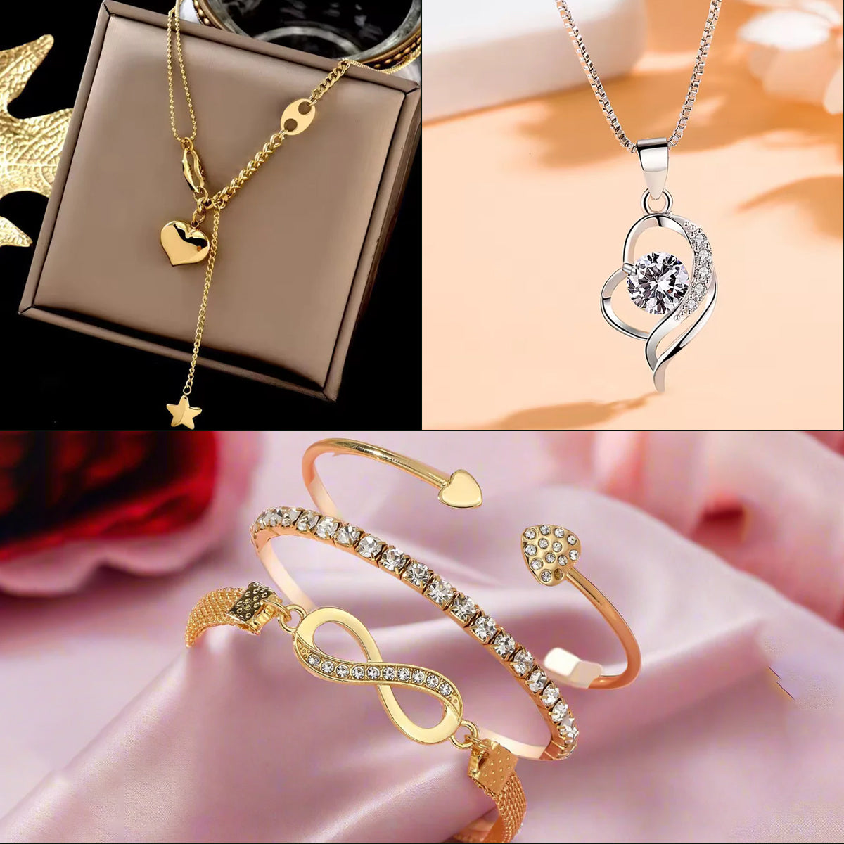 Infinity & Heart Shaped Stacking Bracelet, Gold Plated Heart Shaped Pendent Chain and Sterling heart-shaped zircon pendant necklace Combo