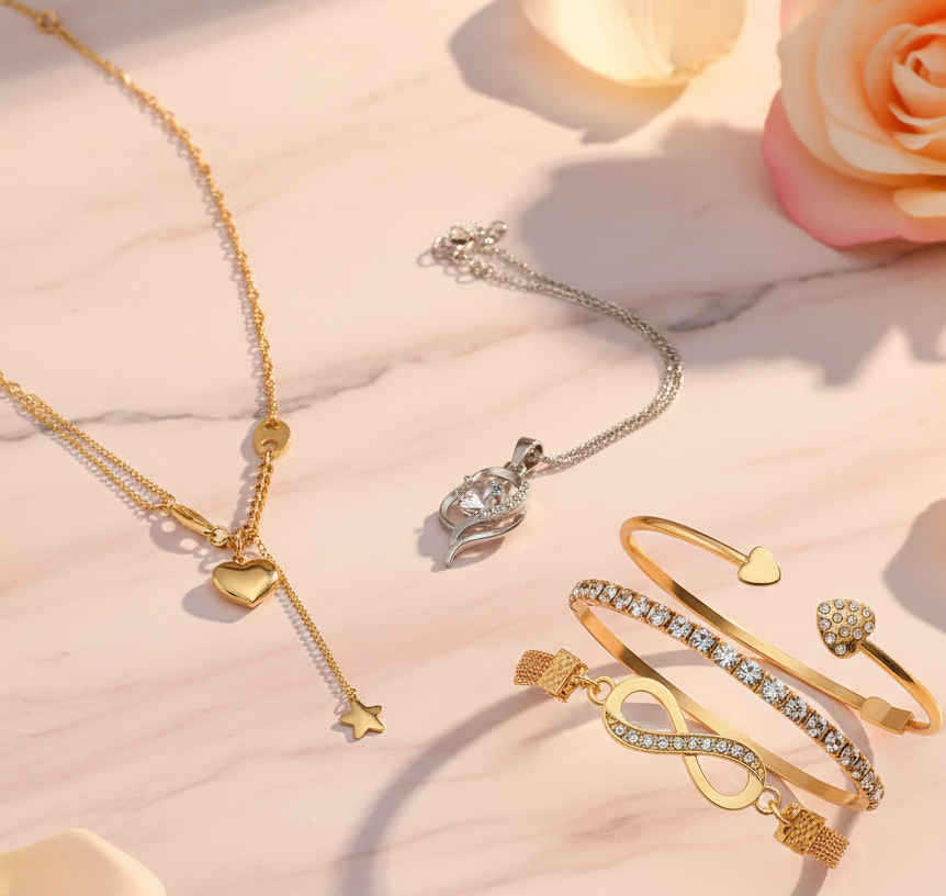 Infinity & Heart Shaped Stacking Bracelet, Gold Plated Heart Shaped Pendent Chain and Sterling heart-shaped zircon pendant necklace Combo