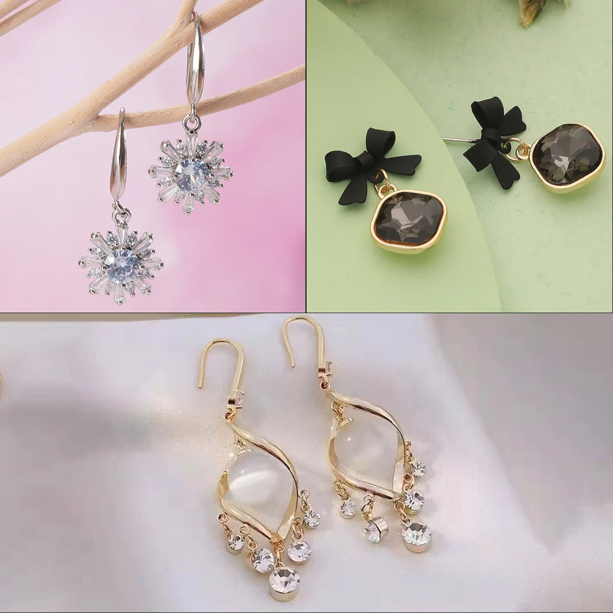 Stylish Gold Bow Stud Long Chain Earrings with White Flower Drop,Gold Plated Blue & Pink Stone Studded Drop Earrings and Plated Floral Shaped Drop Earrings Combo