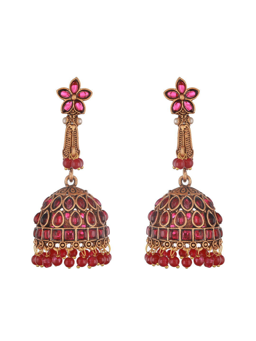 Jazz and Sizzle Gold-Plated Faux Ruby Studded Beads Beaded Dome Shaped Jhumka Earrings