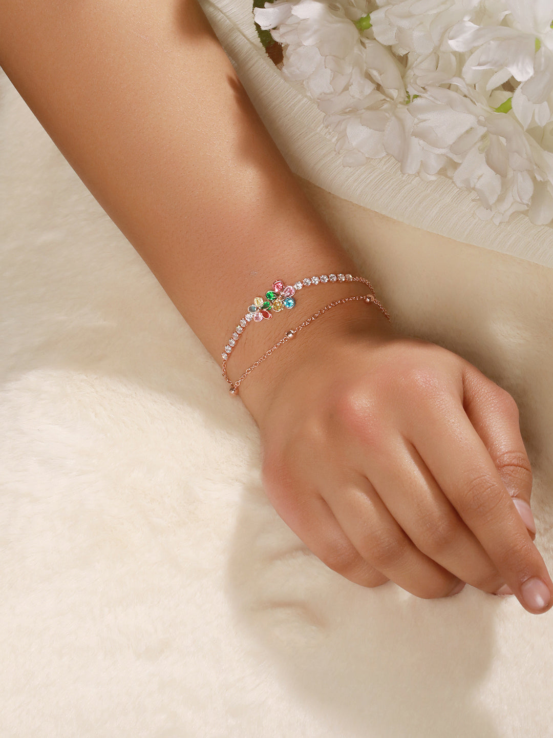 Brass Cubic Zirconia Rose Gold-Plated Link Bracelet