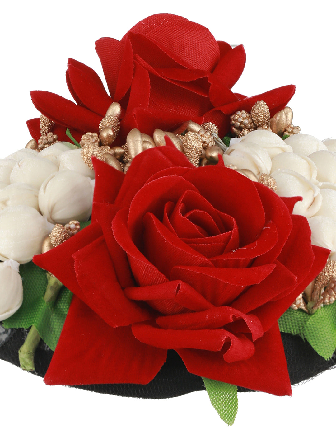 Women Red Rose & White Mogra Embellished Artificial Flower Gajra Designed Hair Bun Cover - Jazzandsizzle