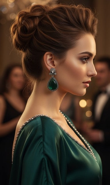 Jazz And Sizzle Set of 2 Silver Plated Emarald Stone Studded Tear Drop Earrings & Black Stone Studded Jhumka Earrings