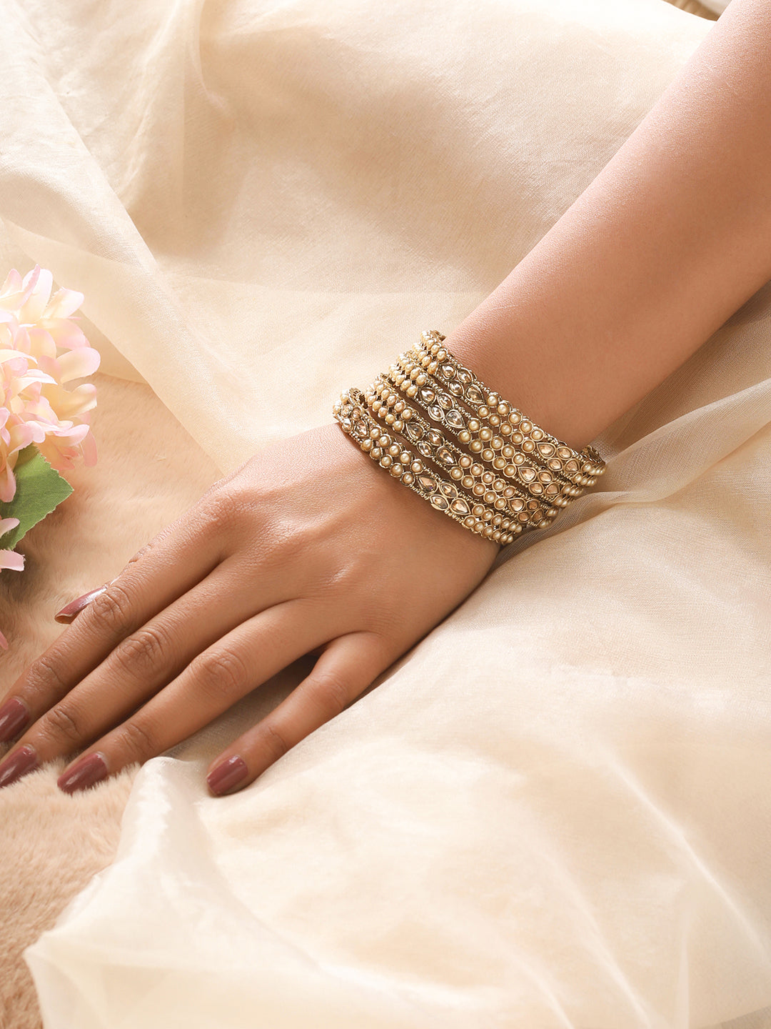 Set Of 4 Gold-Plated Kundan Studded & Pearls Beaded Bangles - Jazzandsizzle