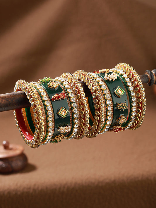 Set of 18 Gold-Plated Stone-Studded & Beaded Green Chuda Bangles - Jazzandsizzle