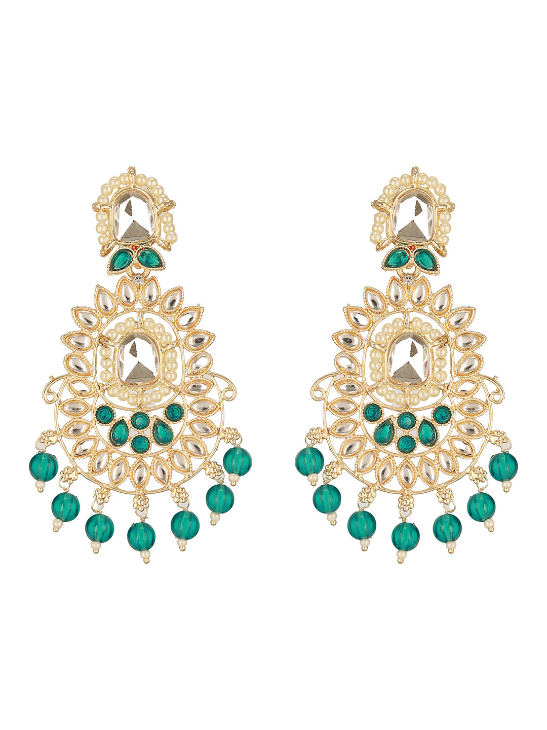 Gold Plated Green &White Kundan Studded & Beaded Drop Earrings