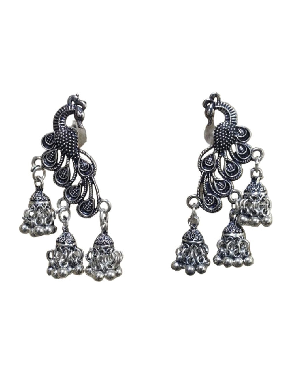 Jazz And Sizzle Set of 2  Oxidized Silver & Gold Plated Peacock Shaped Jhumka Drop Earrings