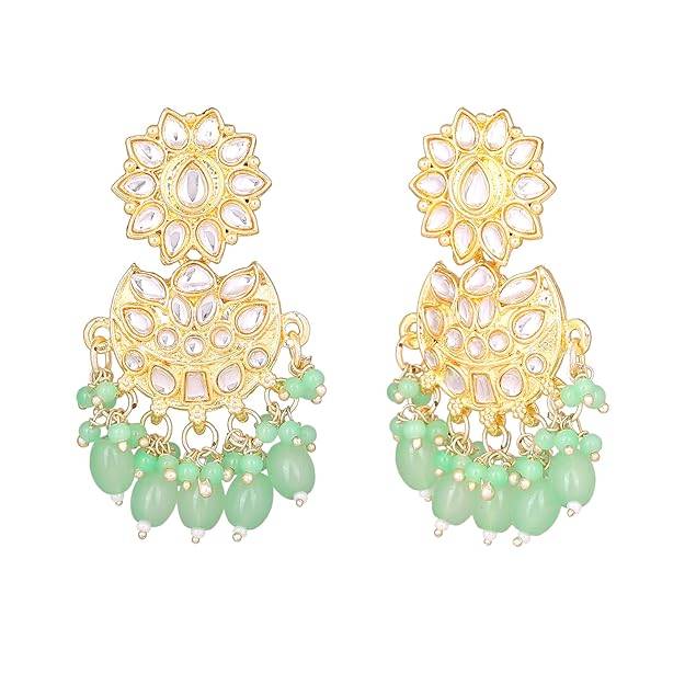 Gold Plated Kundan Studded & Mint Green Beads Drop Earrings