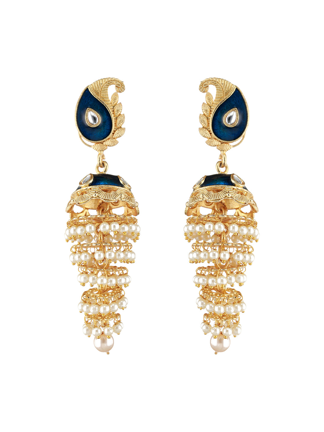 Blue Gold-Plated Kundan-Studded & Meenakari Jhumkas Earrings - Jazzandsizzle