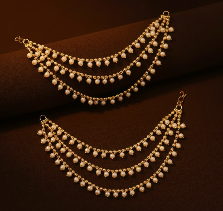 Jazz And Sizzle Gold-Plated Pearls Beaded Textured Layered Ear Chain/kaanchain