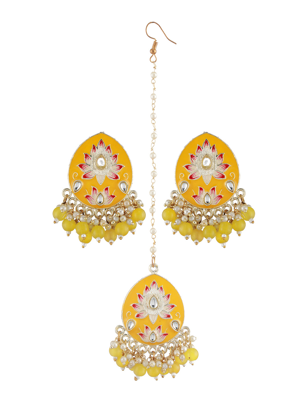 Gold-Plated Pink Meenakari Kundan-Studded & Beaded Yellow Maangtikka with Drop Earrings - Jazzandsizzle