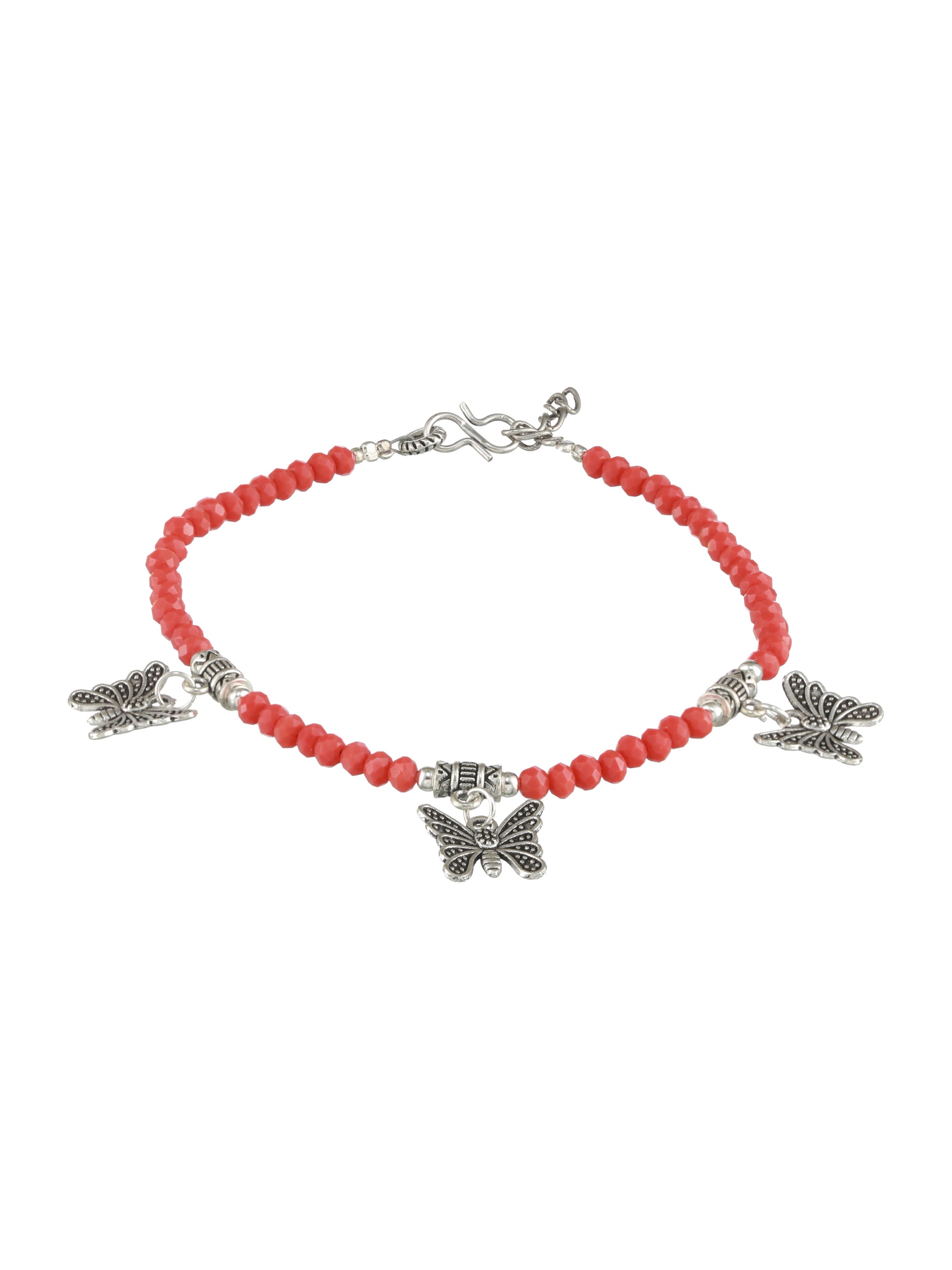 Set of 2 Silver-Plated Beaded Butterfly Charm Anklets - Jazzandsizzle