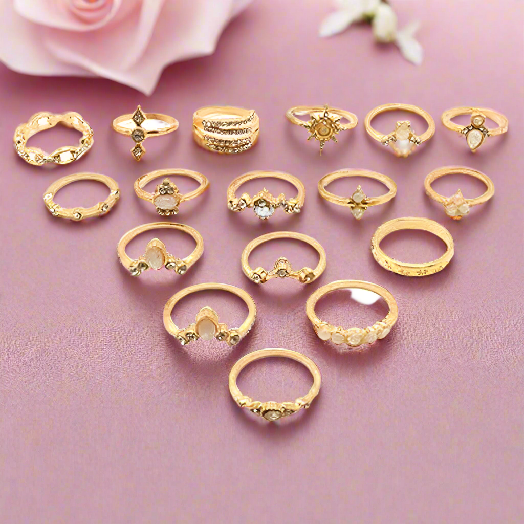 Jazz And Sizzle Set of 17 Gold Plated Stacking Rings for Valentines Gift
