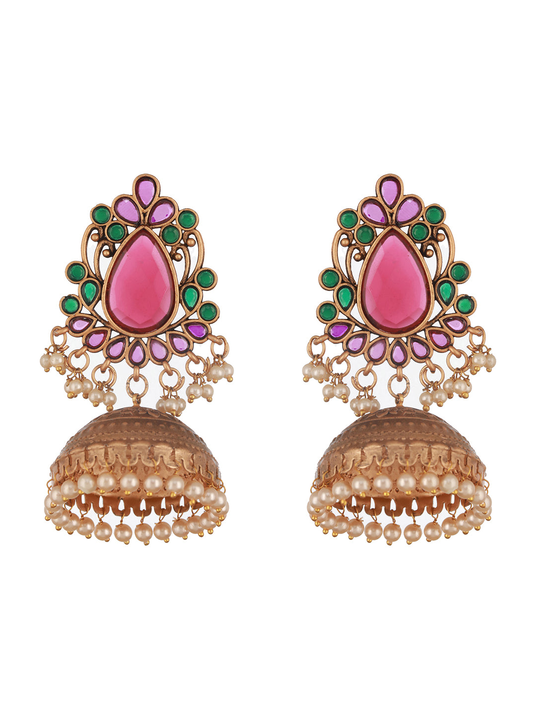 Jazz and Sizzle Gold-Plated Stones Studded Beads Beaded Dome Shaped Jhumka Earrings