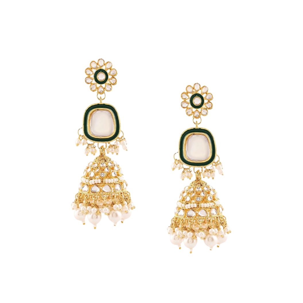Jazz And Sizzle Gold Plated & Pearl Beaded Kundan Studded Minakari Jhumka Drop Earrings